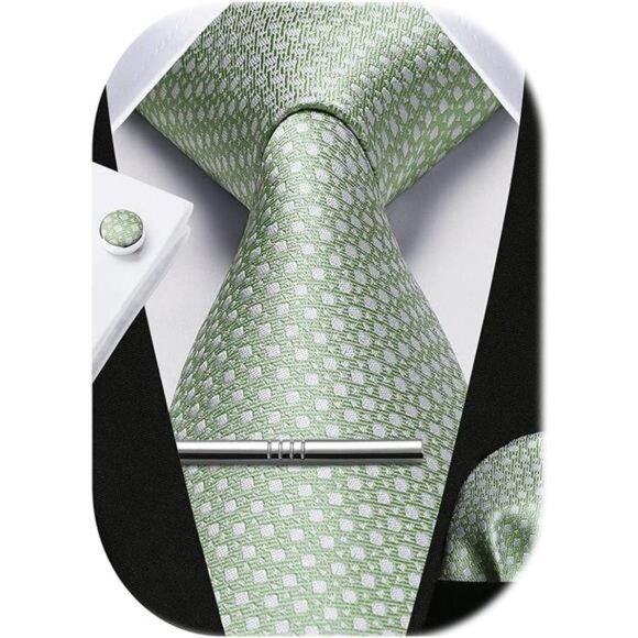 Mens Plaid Tie Set with Pocket Square Cufflinks Tie Clip Business Wedding - Picture 7 of 7